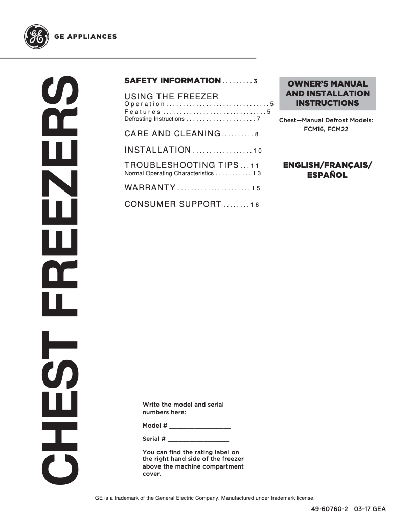 Page 1 de la notice Manuel d'utilisation et d'entretien GE FCM22DJWW