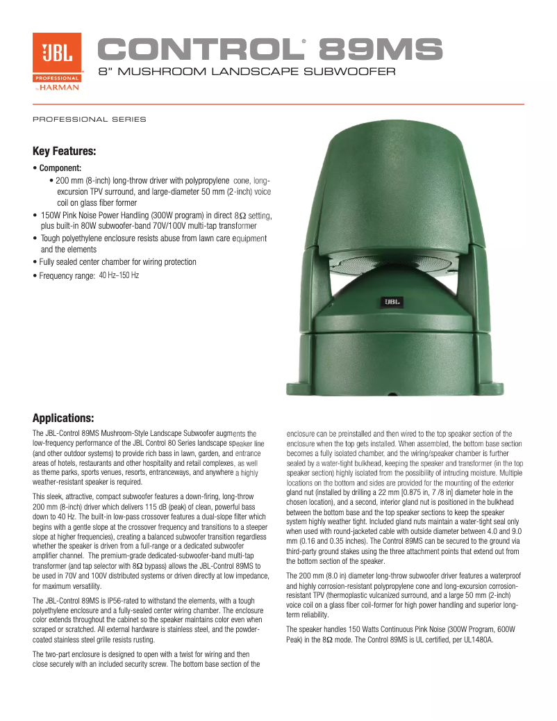 Page 1 de la notice Fiche technique JBL Control 89MS