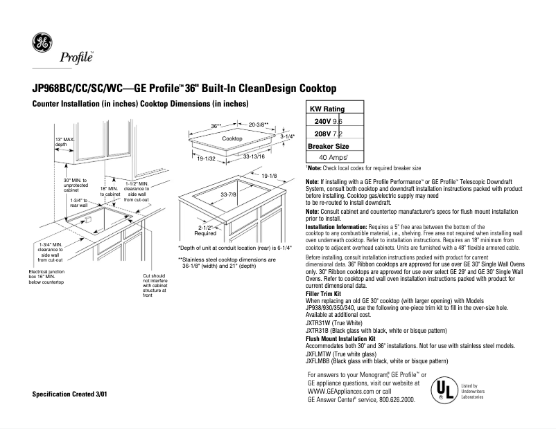 Page n°1 - Fiche technique GE Profile JP968CCCC