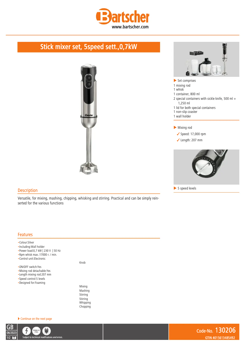 Page 1 de la notice Fiche technique Bartscher 130206