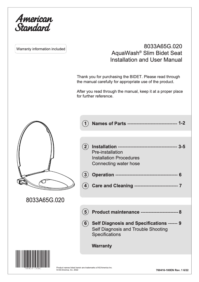 Page n°1 - Manuel utilisateur American Standard AquaWash 8033A65G.020
