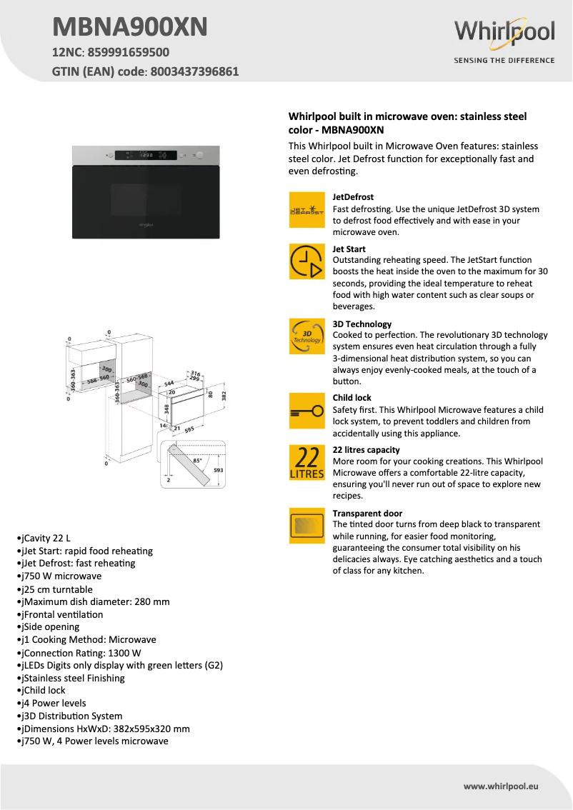 Página 1 del manual Ficha técnica Whirlpool MBNA900XN