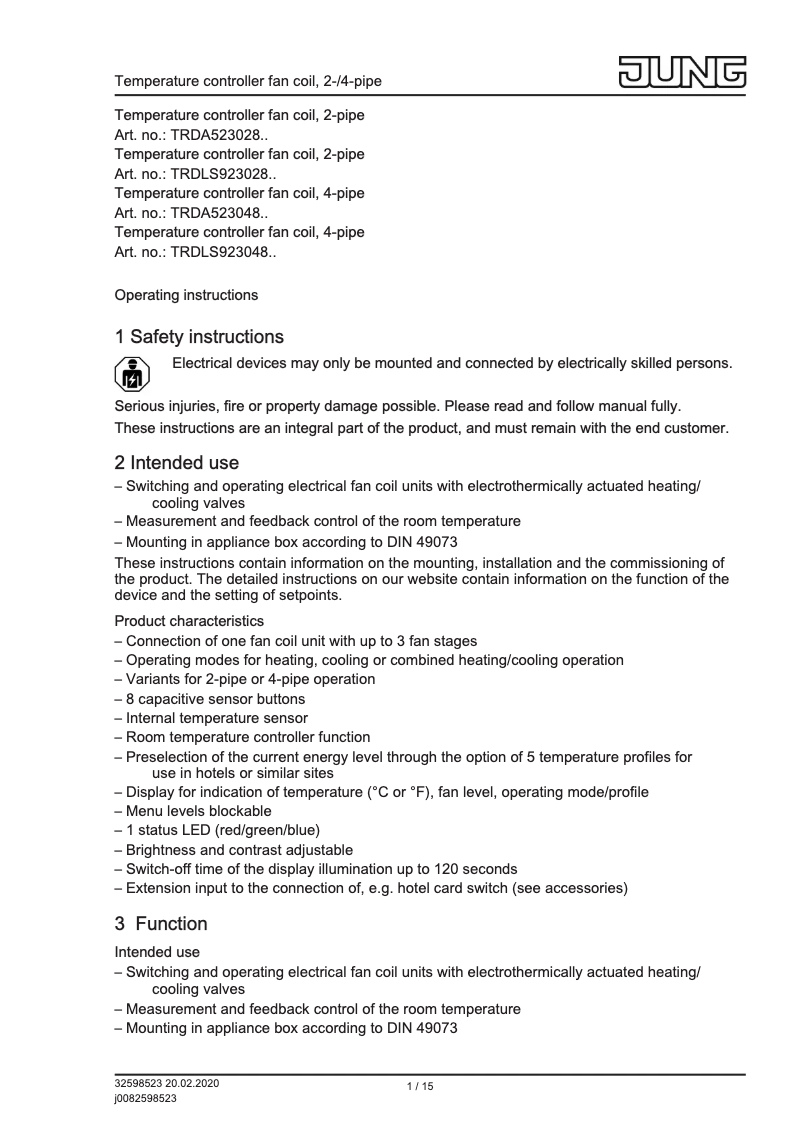 Page n°1 - Manuel utilisateur JUNG TRDLS923048