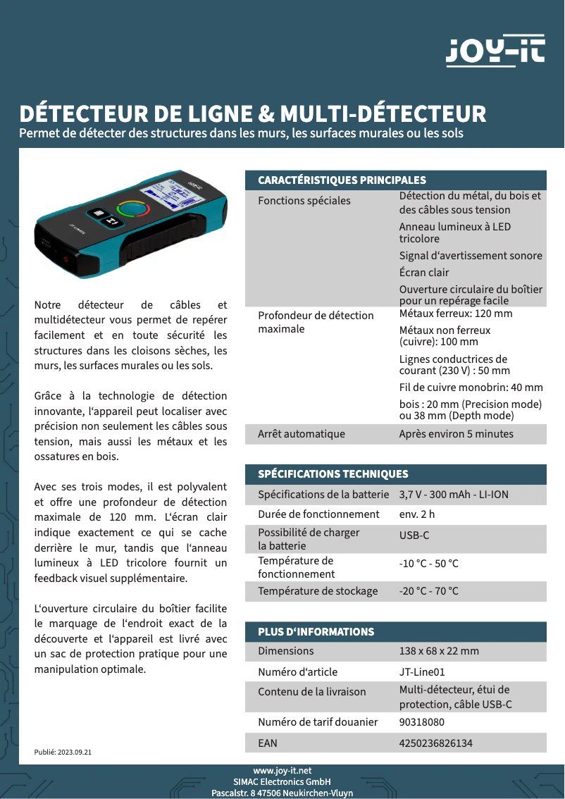 Página 1 del manual Ficha técnica Joy-It JT-Line01