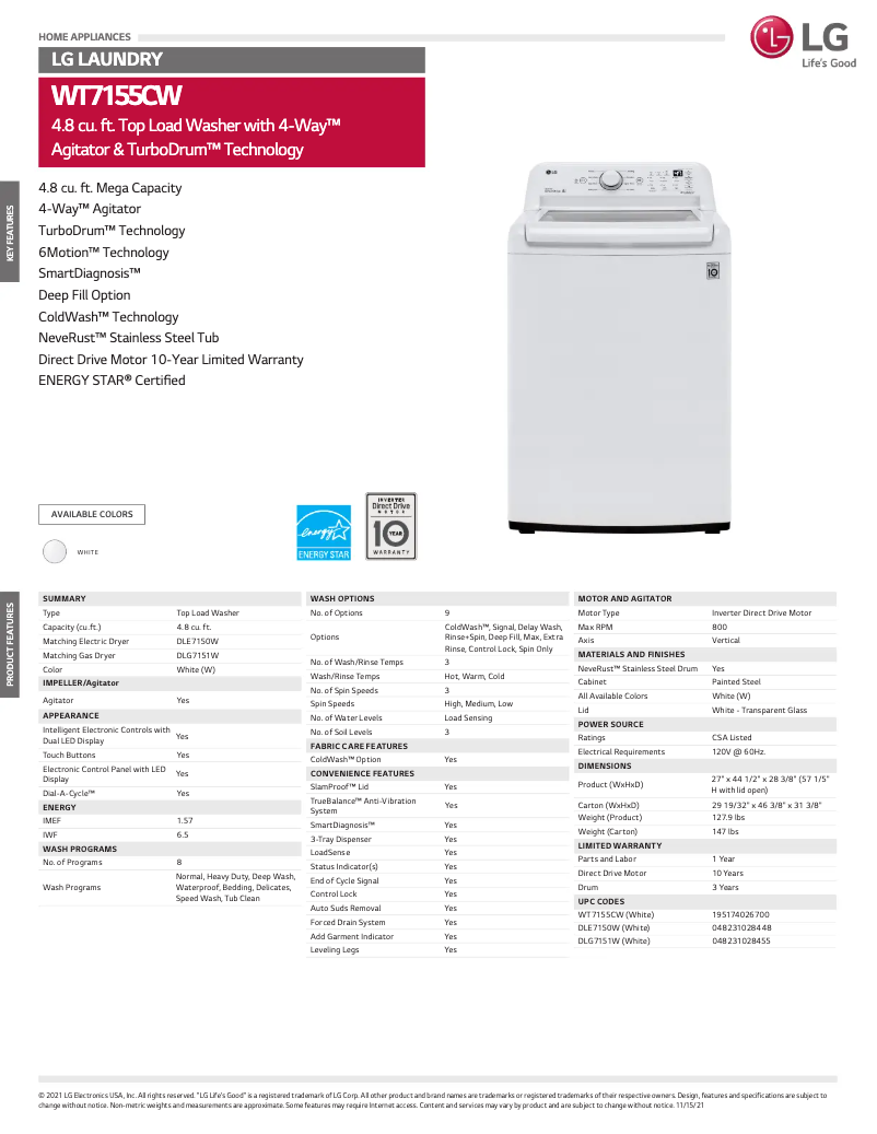 Page 1 de la notice Fiche technique LG WT7155CW