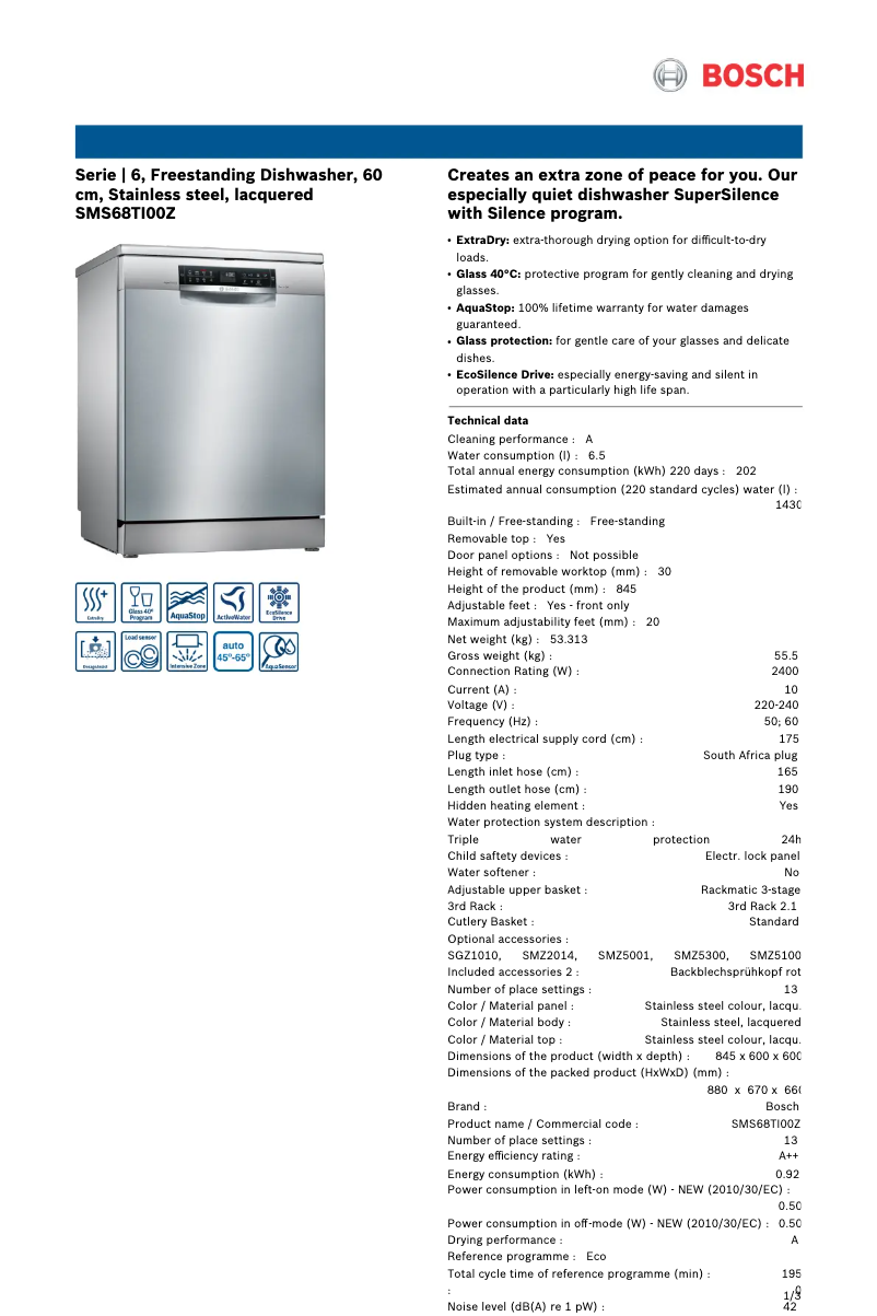 Page n°1 - Fiche technique Bosch SMS68TI00Z