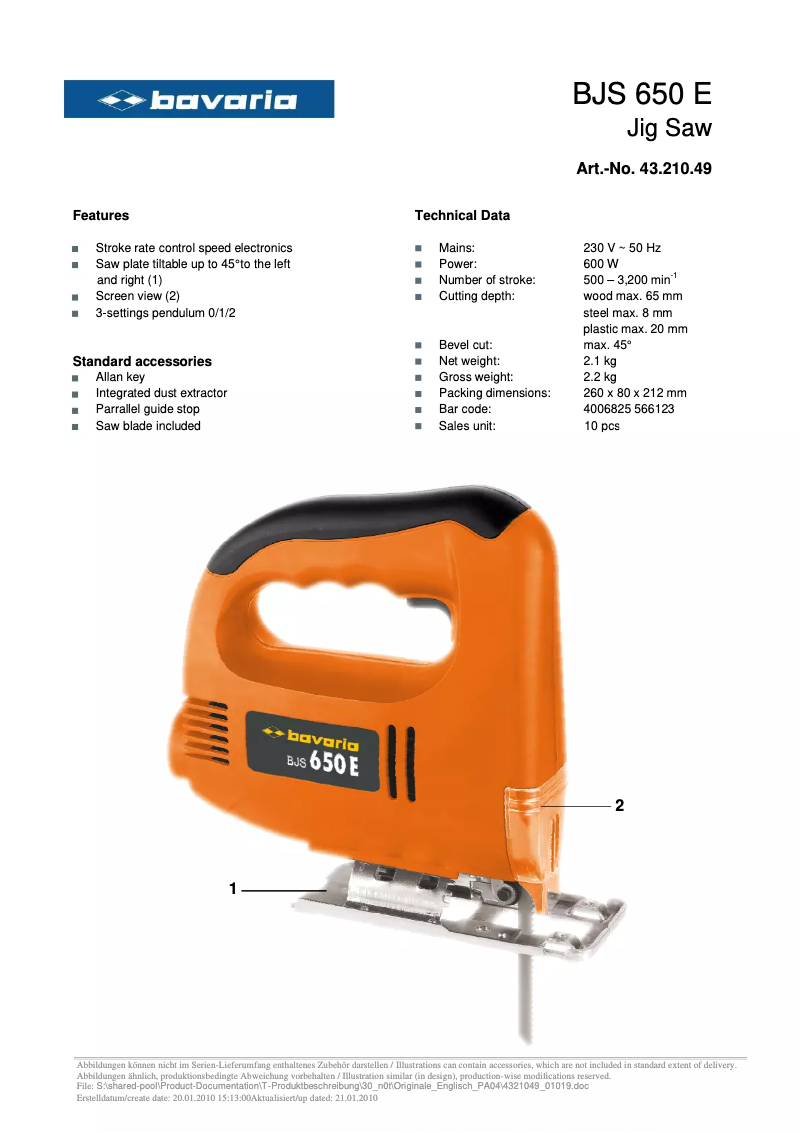 Page n°1 - Fiche technique Bavaria BJS 650 E