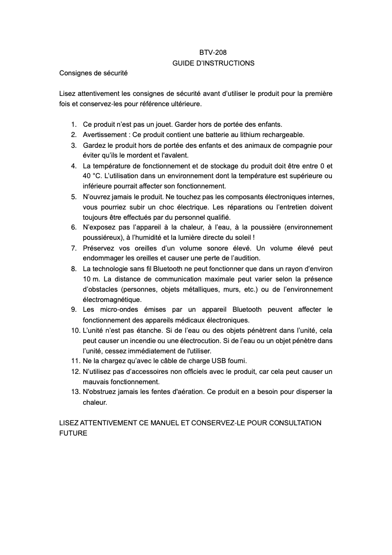 Page 1 de la notice Manuel utilisateur Denver BTV-208