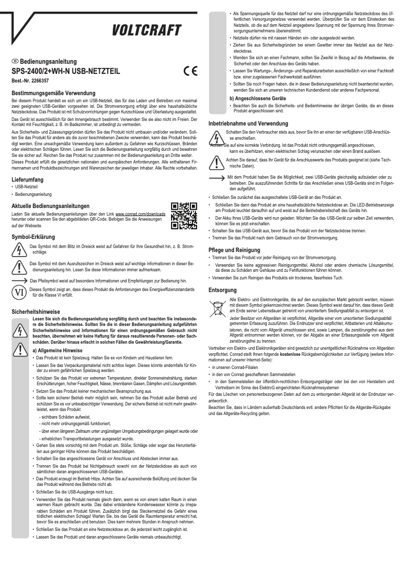 Page 1 de la notice Manuel utilisateur Voltcraft SPS-2400/2+WH-N