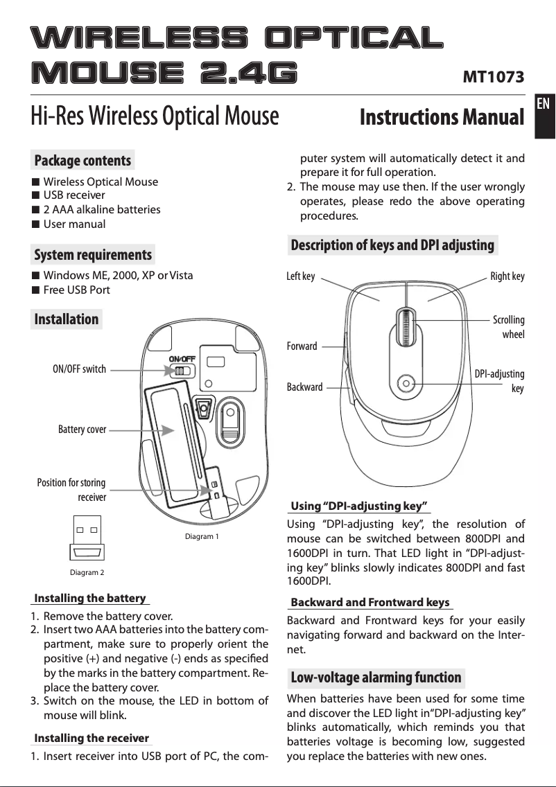 First page image of the manual for MT1073