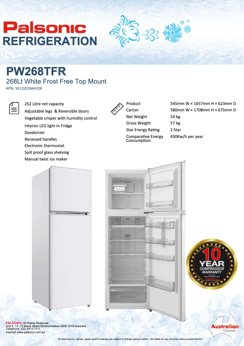 Page n°1 - Manuel utilisateur Palsonic PW268TFR