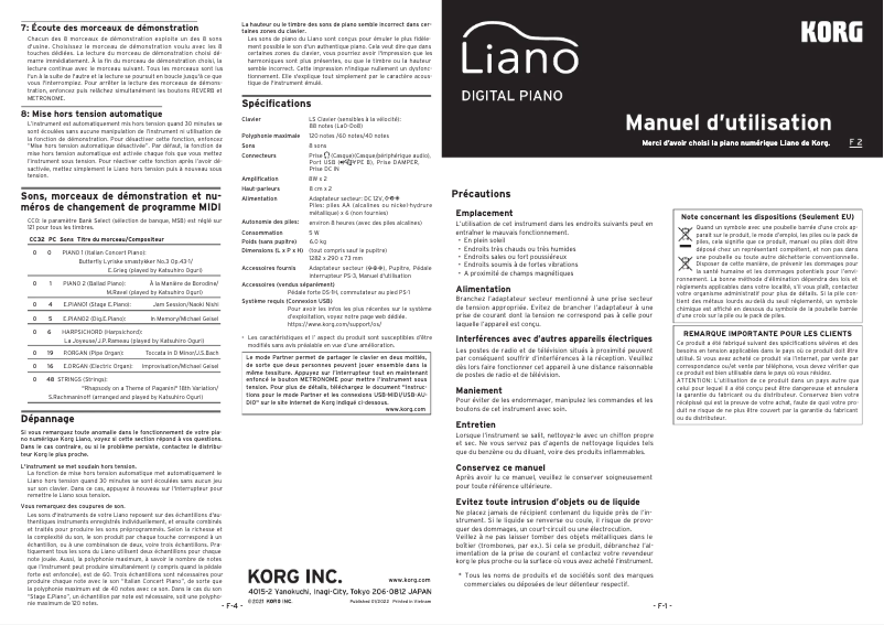Page n°1 - Manuel utilisateur Korg Liano