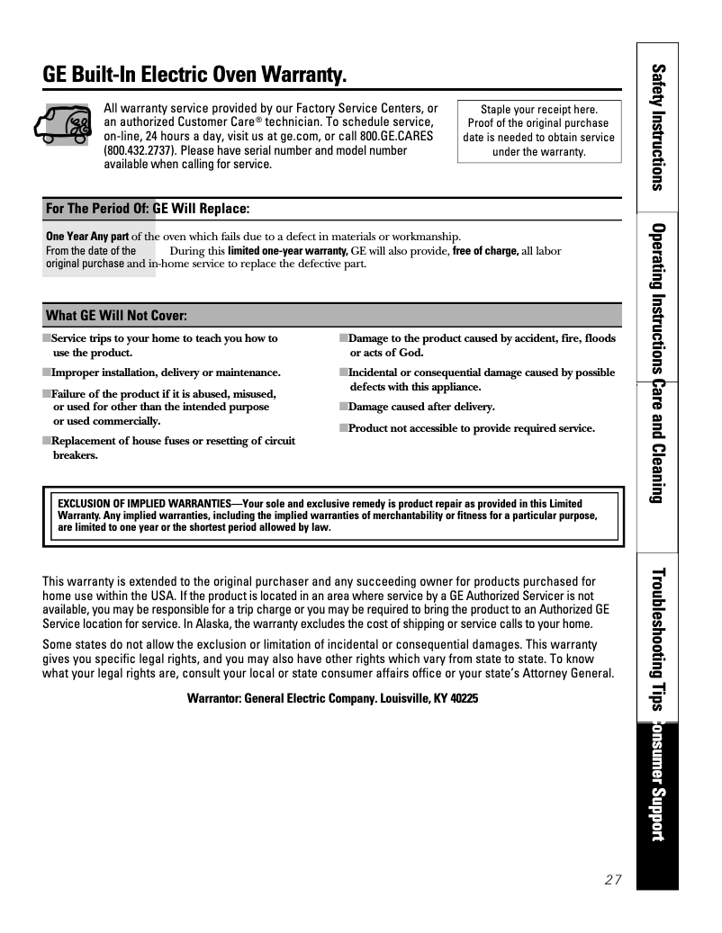Page 1 de la notice Informations de garantie GE JTS5000SNSS