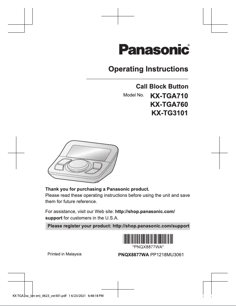 Page 1 de la notice Manuel utilisateur Panasonic KX-TG3101