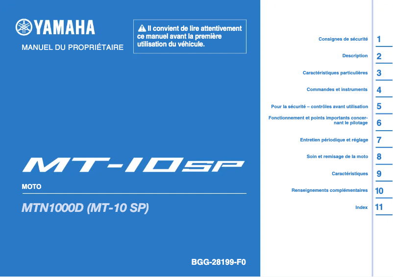 Page 1 de la notice Manuel utilisateur Yamaha MT-10 SP (2022)