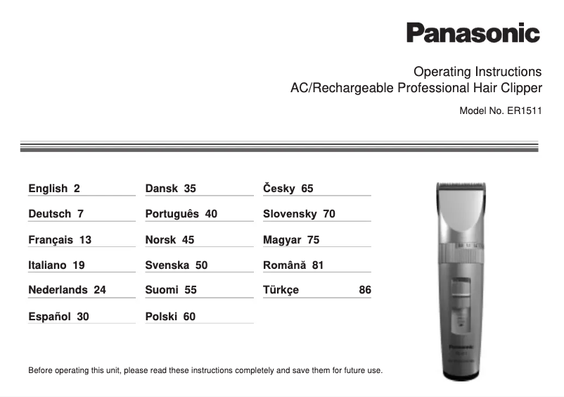 Page 1 de la notice Manuel utilisateur Panasonic ER1511