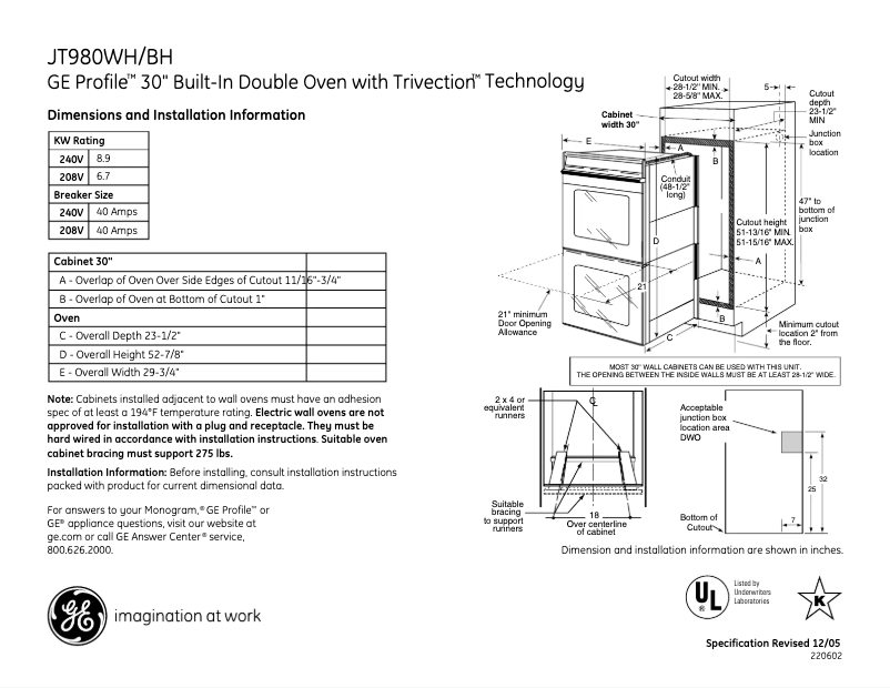 Page n°1 - Fiche technique GE Profile JT980WHWW