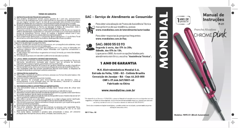 Page 1 de la notice Manuel utilisateur Mondial Chrome Pink P-21