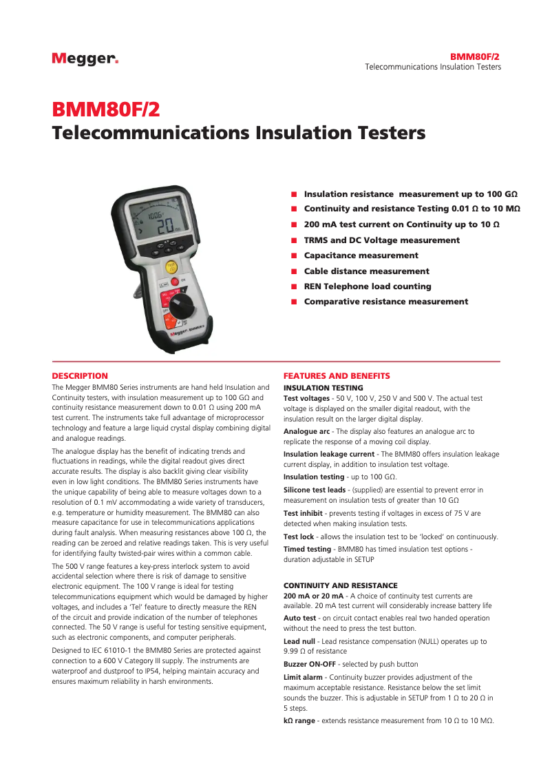 Page 1 de la notice Fiche technique Megger BMM80
