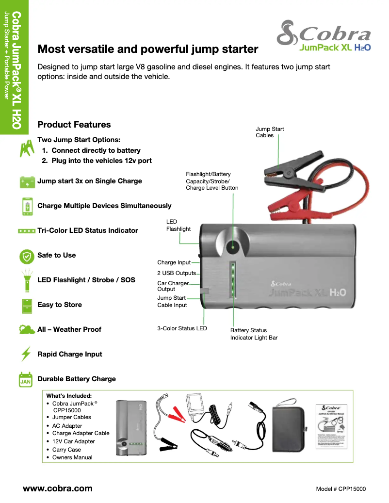 Page 1 de la notice Manuel utilisateur Cobra JumPack XL H2O CPP 15000