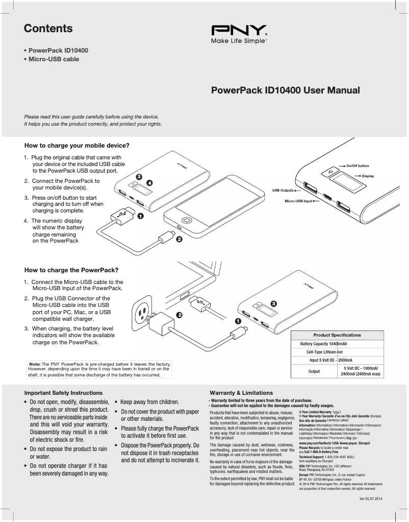 Page n°1 - Manuel utilisateur PNY PowerPack ID10400