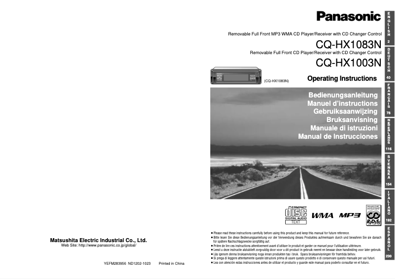 Page 1 de la notice Manuel utilisateur Panasonic CQ-HX1003N