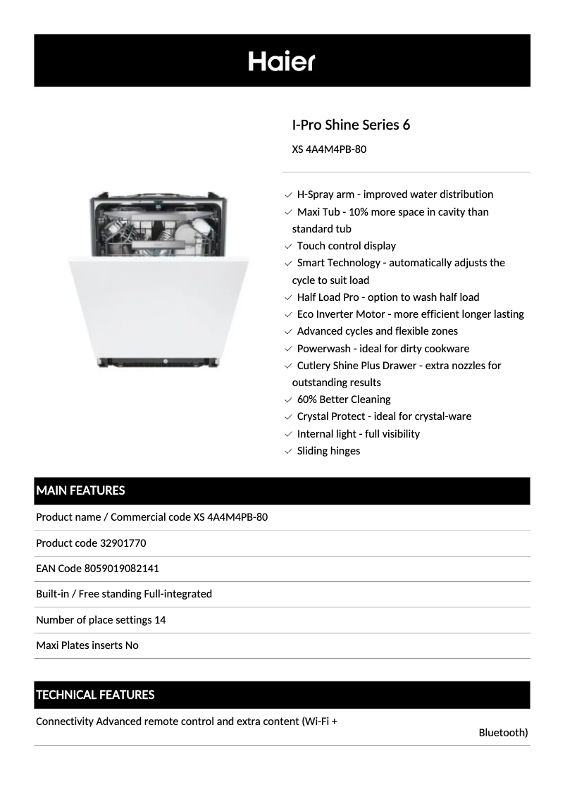 Página 1 del manual Ficha técnica Haier XS 4A4M4PB