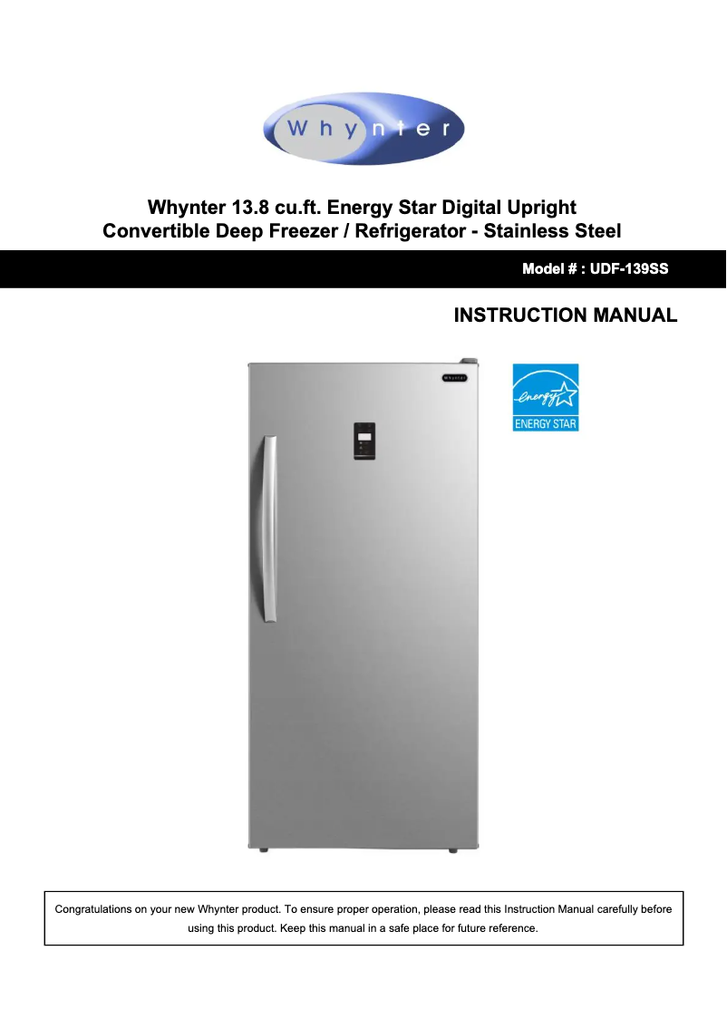 Page n°1 - Manuel utilisateur Whynter UDF-139SS