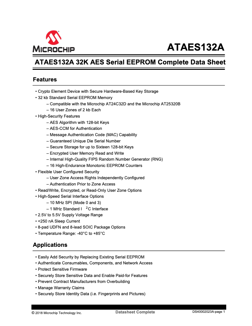 Page 1 de la notice Fiche technique Microchip ATAES132A