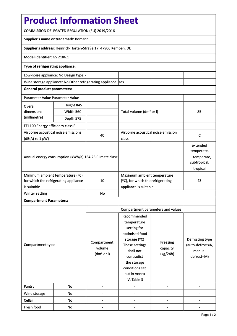 Page n°1 - Fiche technique Bomann GS 2186.1