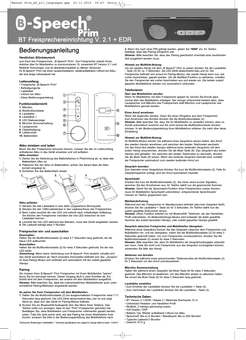 Page 1 of the manual User Manual B-Speech Prim