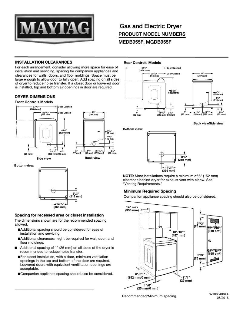 Page 1 de la notice Fiche technique Maytag MEDB955F