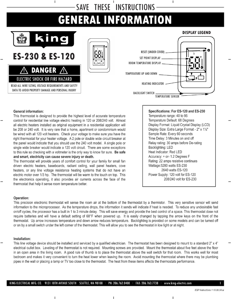 Page 1 de la notice Manuel utilisateur King ES230-R