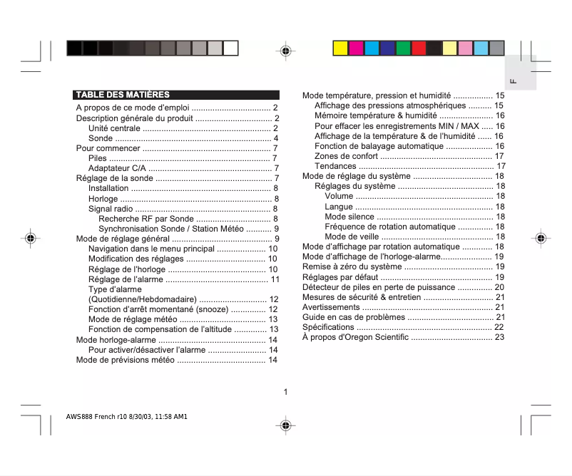 Page n°1 - Manuel utilisateur Oregon Scientific AWS888