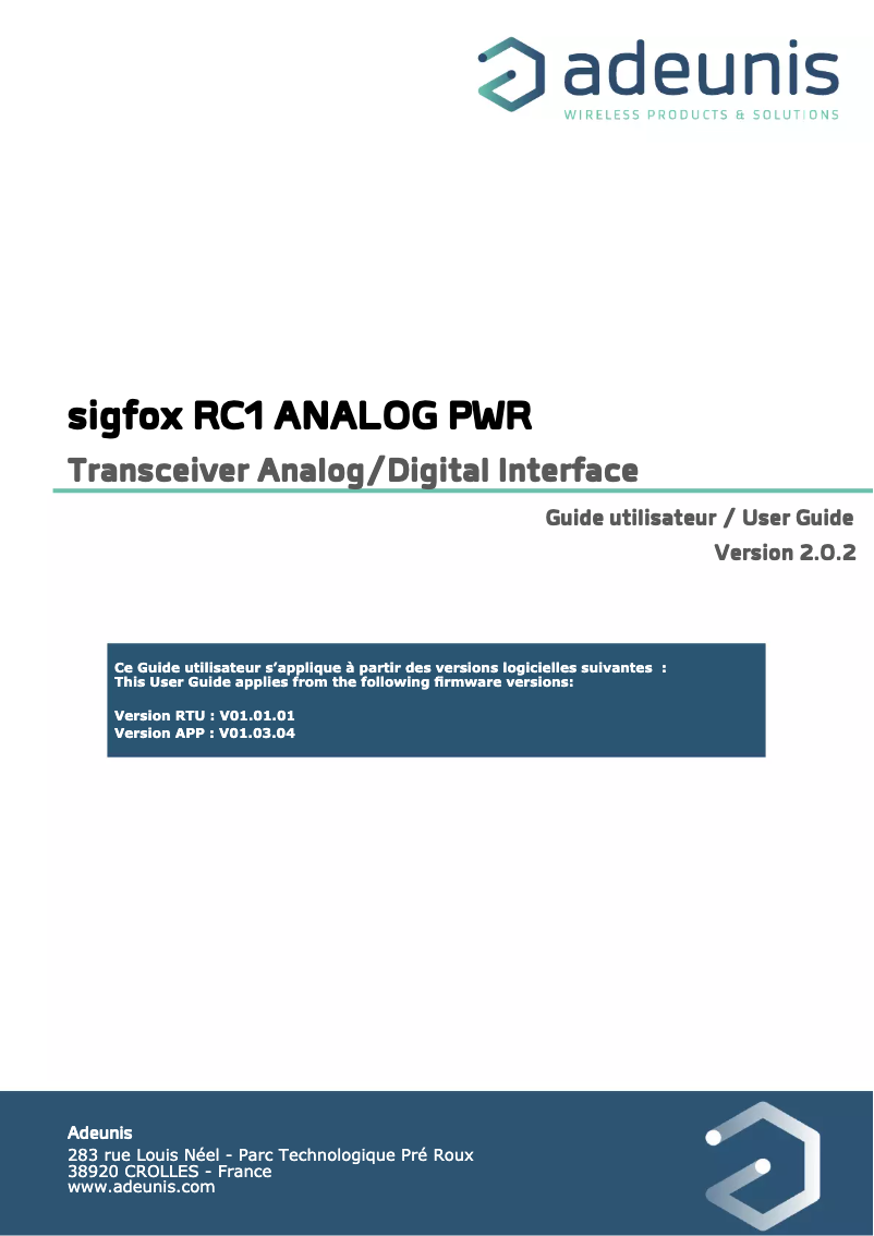 Page 1 de la notice Manuel utilisateur Adeunis ARF8200AA