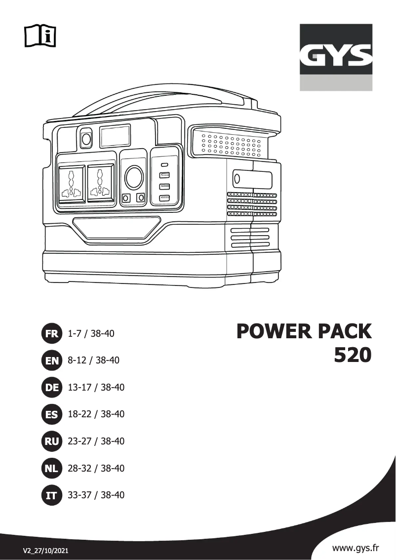 Page n°1 - Manuel utilisateur GYS Power Pack 520