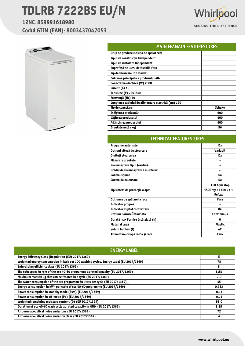 Page 1 de la notice Fiche technique Whirlpool TDLRB 7222BS EU/N