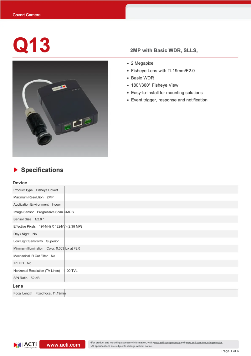 Page 1 de la notice Fiche technique ACTi Q13