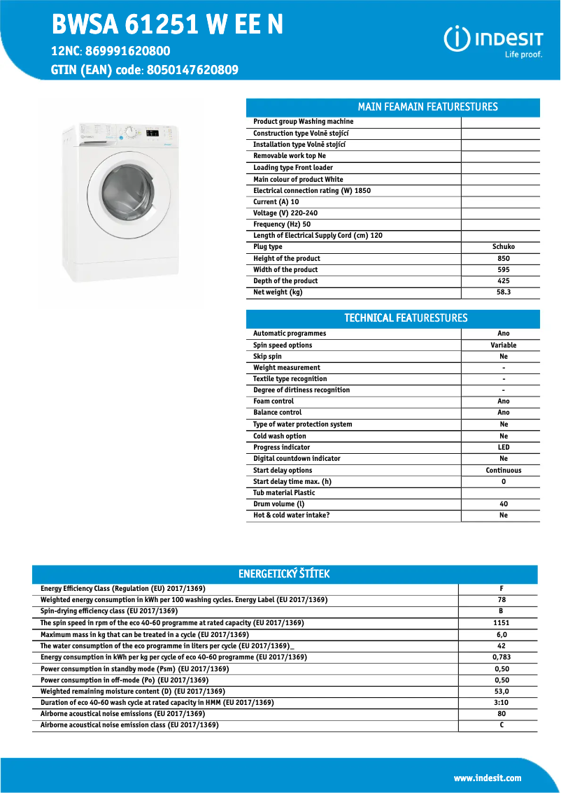 Página 1 del manual Ficha técnica Indesit BWSA 61251 W EE N