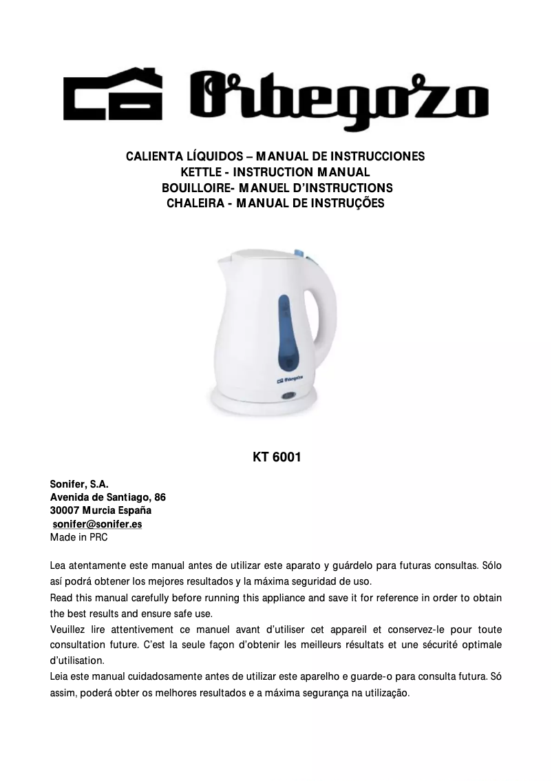 Page n°1 - Manuel utilisateur Orbegozo KT 6001