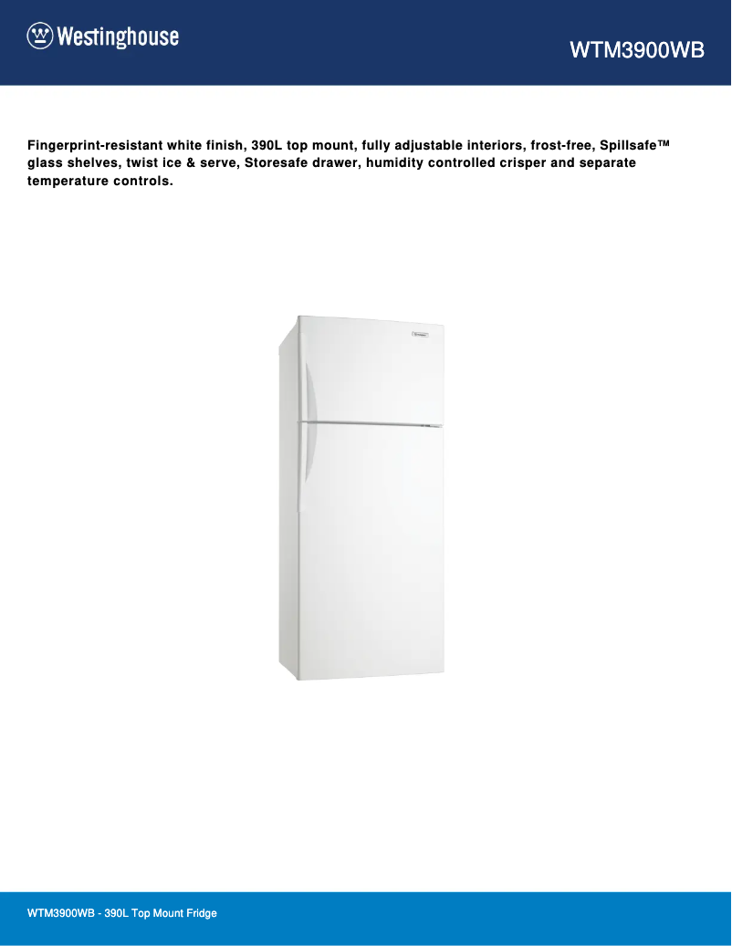 Page 1 de la notice Fiche technique Westinghouse WTM3900WB