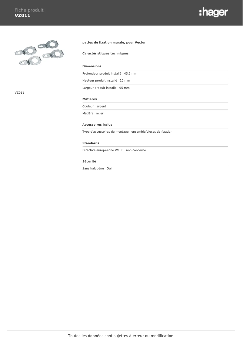 Page n°1 - Fiche technique Hager VZ011