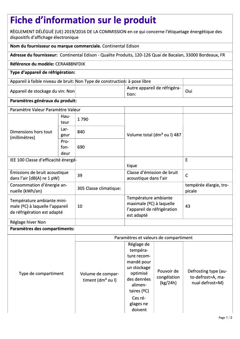 Page n°1 - Label énergétique Continental Edison CERA488NFDIX