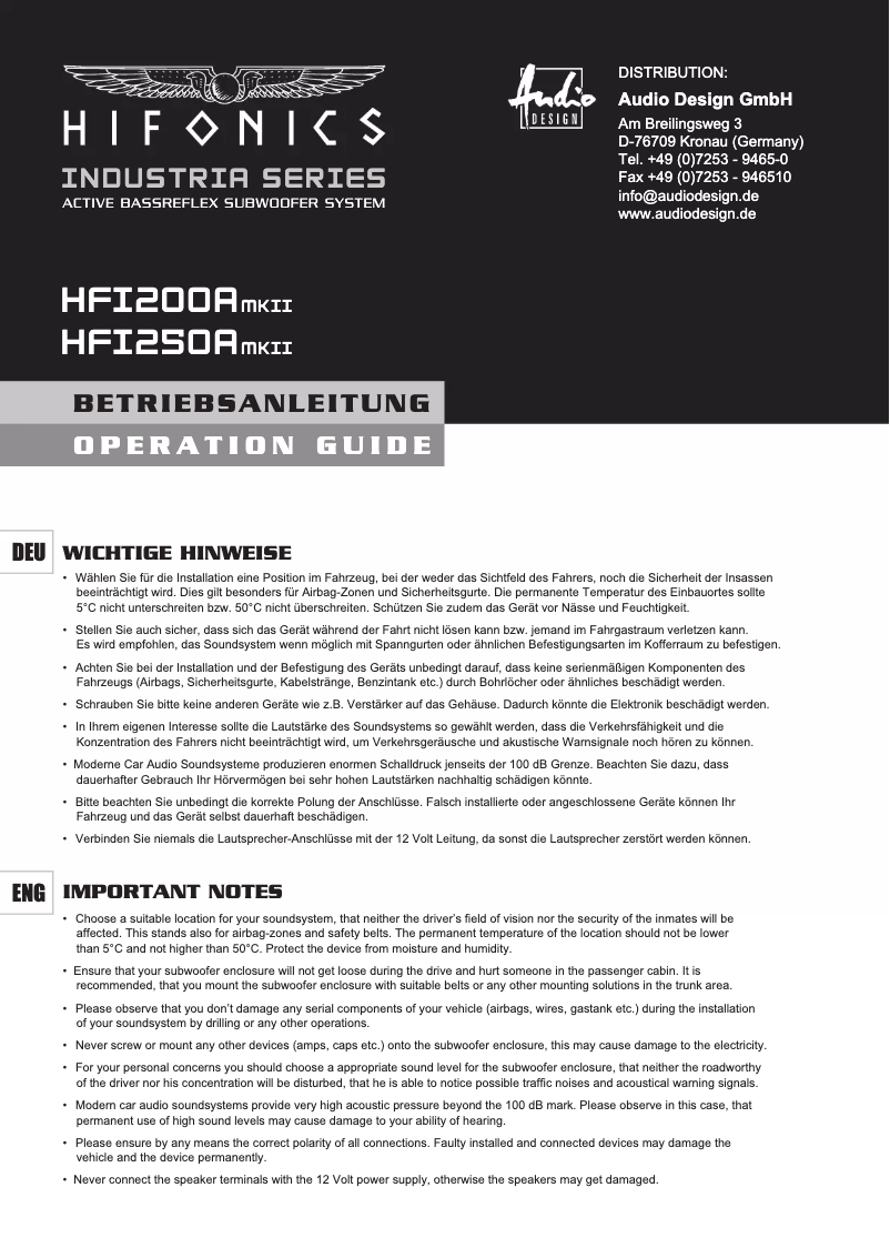 Page 1 de la notice Manuel utilisateur Hifonics HFI200A MkII