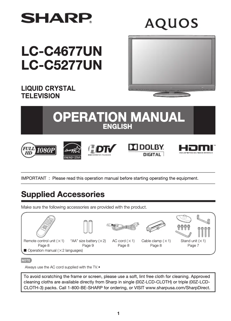 Page n°1 - Manuel utilisateur Sharp Aquos LC-C5277U