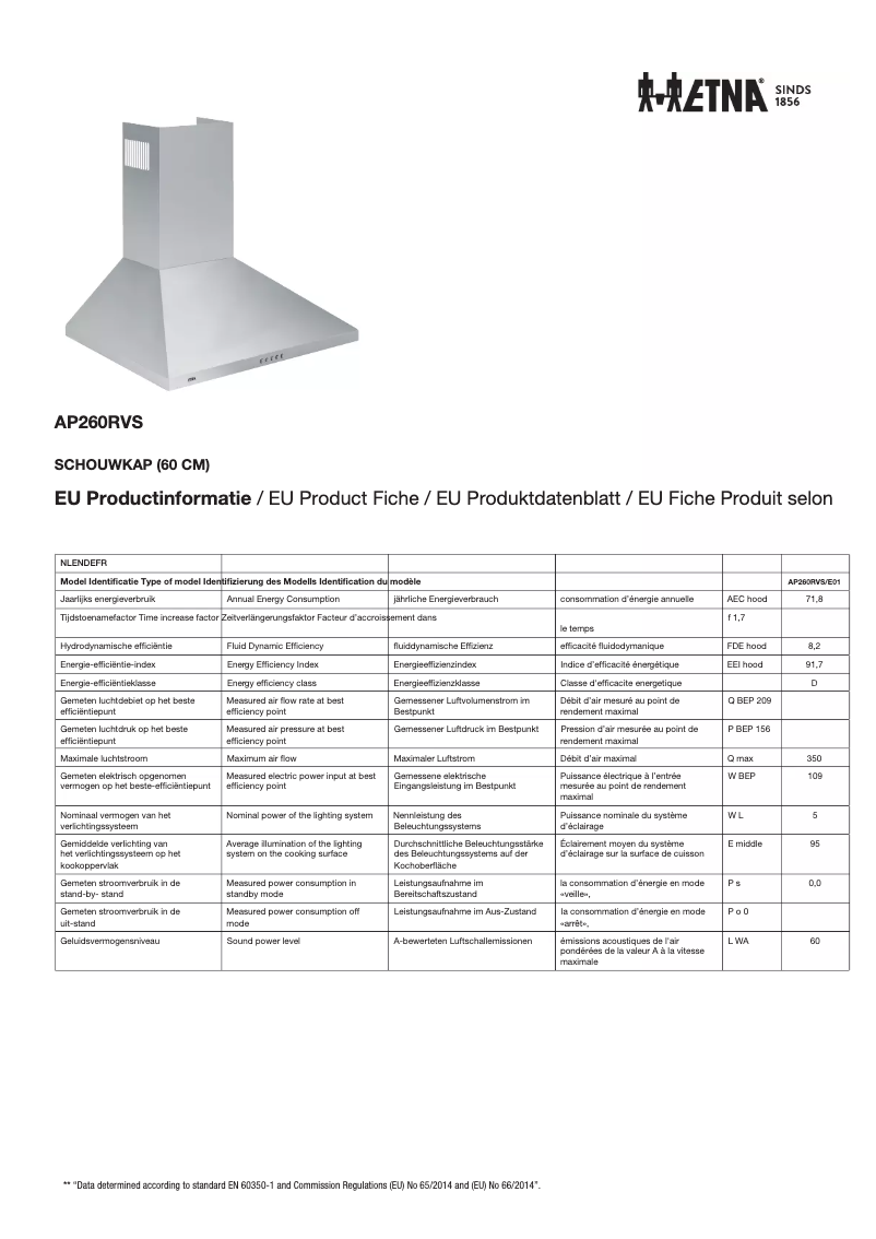 Page 1 de la notice Fiche technique Etna AP260RVS