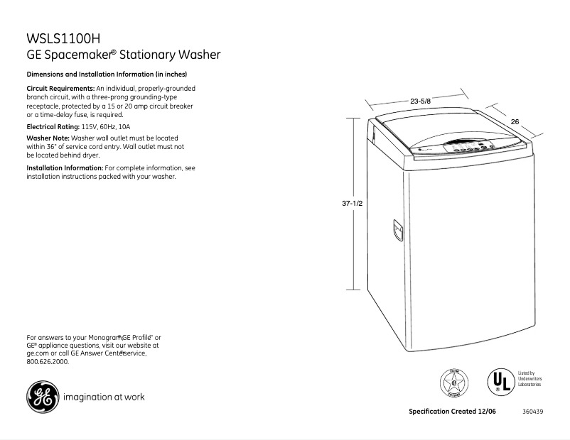Page n°1 - Fiche technique GE WSLS1100HWW