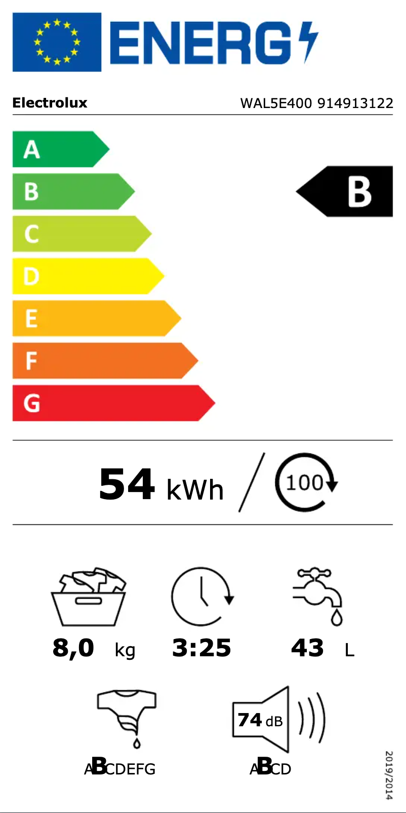 Page 1 de la notice Label énergétique Electrolux WAL5E400