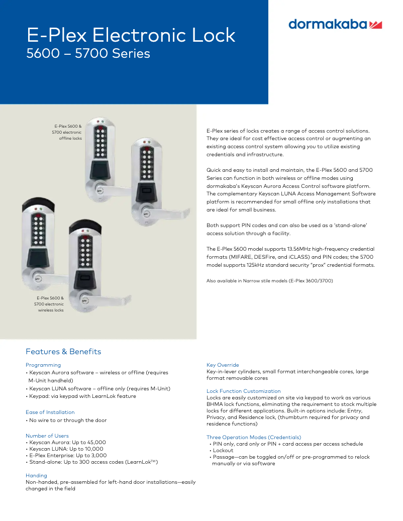 Page 1 de la notice Fiche technique Dormakaba E-Plex 5x00