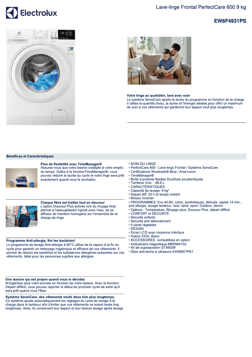 Page 1 de la notice Fiche technique Electrolux EW6F4931PS